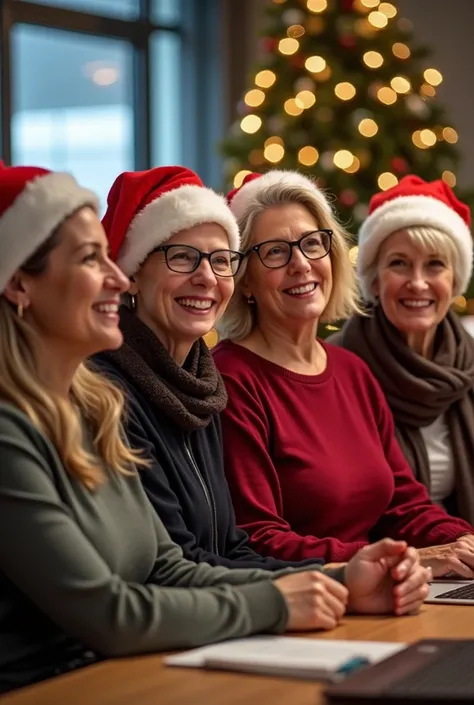  4 women fifty years old and one man forty years old with Santa hats on their heads, sitting all in the office and having a beautifully decorated Christmas tree behind them  , na dole ma być napis wesołych świąt życzy Wydział Planowania