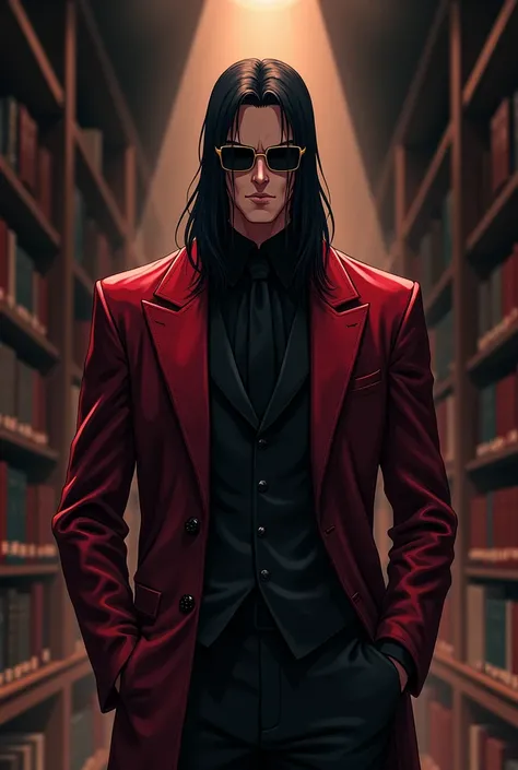 Tall man in dark red leather suit,  with dark rectangular glasses made of gold,  with long black hair ,  in the anime style inspired by Allucard, In a bookmaker  