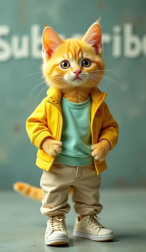 make a 3D image of a strange genetic disorder kitten furry color plain yellow coat color without stains  ,  super yellow color fur without stains and clean complexion petite super pretty downy, fat body,  posing in a light green color shirt trendy beige ci...