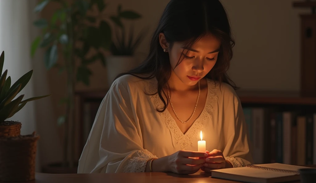  A woman in a quiet environment of her home ,  lighting a candle and placing her concerns before God in prayer . She has an expression of surrender and faith ,  with a welcoming and serene atmosphere surrounding .  The soft light of the candle and the calm...