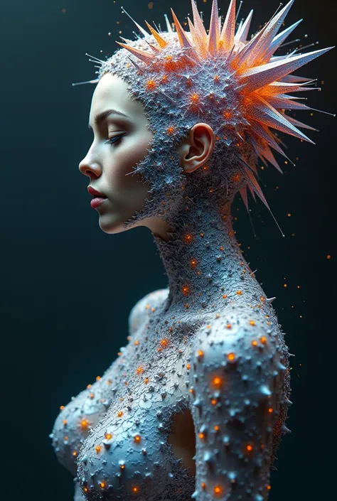 A digital artwork of a female figure composed of intricate geometric lattice structures, molecular formations, and crystalline interference patterns. The artwork is a blend of 3D render, painting, and conceptual art. The feminine figures silhouette is a co...