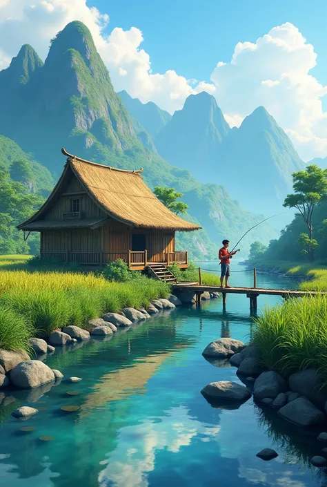  A simple thatched wooden house in the middle of beautiful nature surrounded by hills and rice fields and corn groves..and a rocky river with clear water the footbridge leading to the house .and a man can clearly see his face looking friendly while fishing...