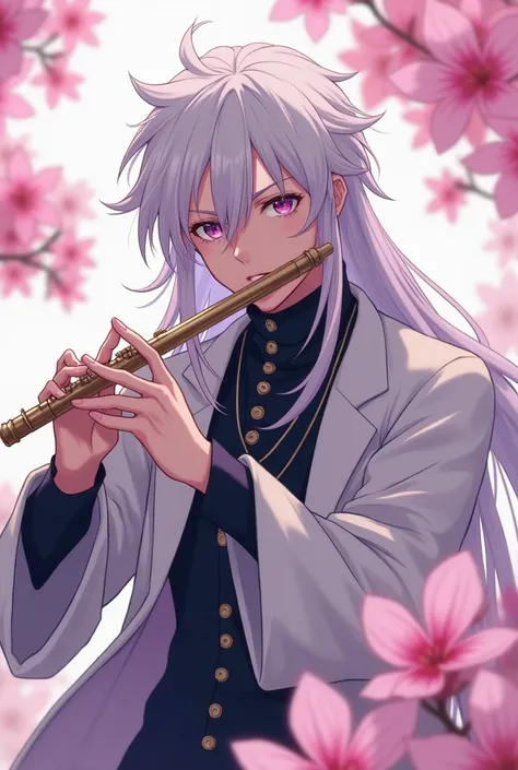 A 20-year-old boy pale as snow, long white hair with violet eyes, playing the flute on top of a cherry blossom branch jojo bizarre adventures style

