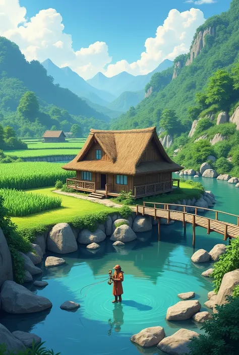  A simple thatched wooden house in the middle of beautiful nature surrounded by hills and rice fields and corn groves..and a rocky river with clear water the footbridge leading to the house .and a man can clearly see his face Looking ahead, he looks friend...