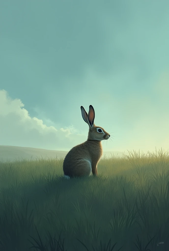 A hare sitting alone in a wide, open, grassy field under a sky painted in varying shades of sky blue. Dramatic and beautiful with dark soft colors like an old painting