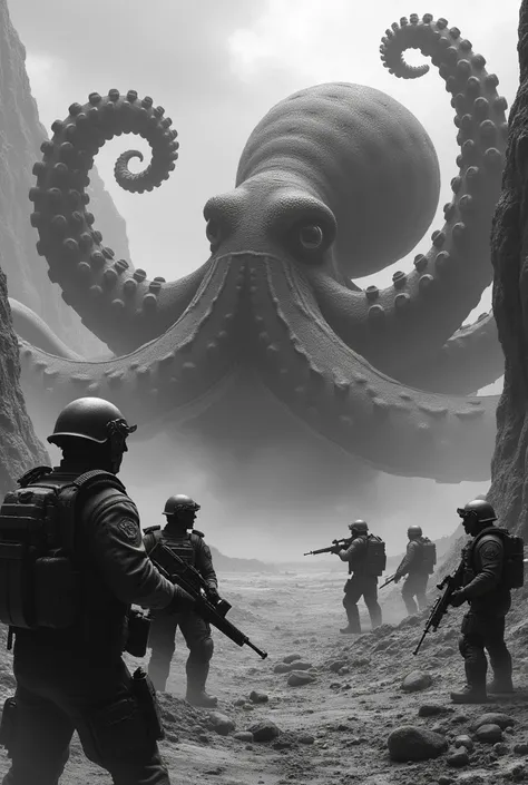 Generate a black and grey photo of the military fighting off an octopus tentacle that stretches from the bottom of the hole