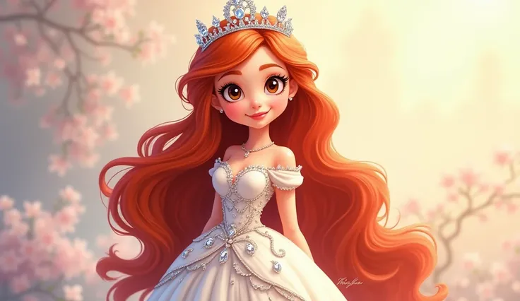 A princess white dress with crystals crown with crystal stones red hair brown eye cartoon style 