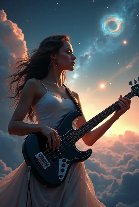 A woman playing bass in space