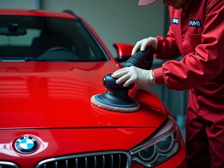  high quality ,  8k Ultra HD, On the front, together with the hood in close ,  in the color red with a lot of brightness and a person working with a polisher,  written this person wears a jumpsuit and vehicle cap , Where do you see the initials WMI 