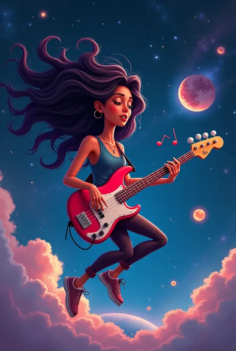 A woman playing animated bass in space