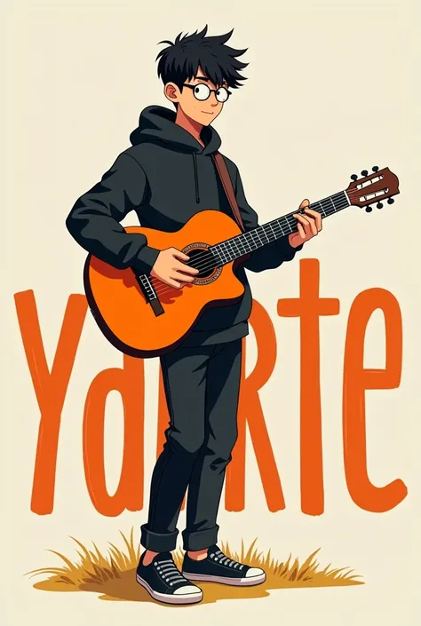 Visible letters that say  "Yanzarte " In front of a young adult Latino nerd anime version with black clothes and orange classical guitar
