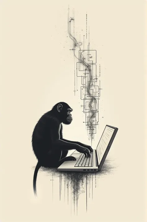 Tattoo 
This will be a linear tattoo, with the fewest lines possible, to represent the infinite monkey theorem.Description: A silhouette of a monkey typing on a modern keyboard. The keyboard keys transform into codes and gears as they rise into the air, sy...