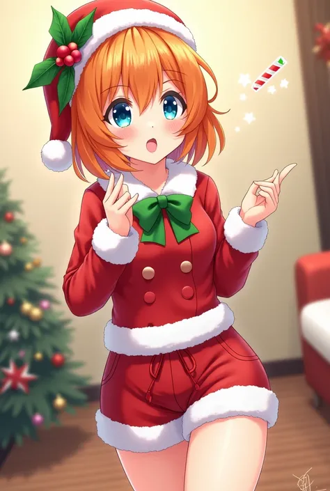 female, , orange hair,  blue eyes , Christmas top and shorts(anime)