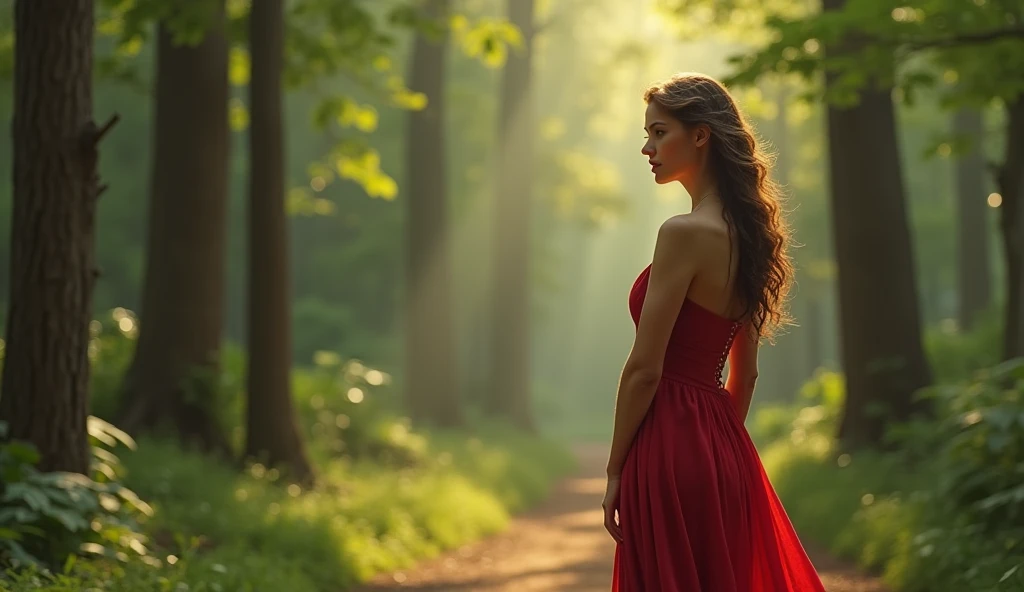  Picture of a kind woman asking herself a question. The woman must stand .  The image must be full body . The woman must be between 30 and 35 years old. Must have a long dress cut A , red in color. The background of the image of being a forest.