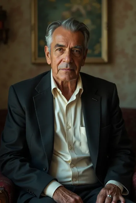 A cinematic American shot of Ernesto Salvatierra, a man approximately 65 years old, looking directly into the camera. His oval face is subtly marked with wrinkles, and a faint scar is visible below his left eye. His expression is calm but serious, with dee...