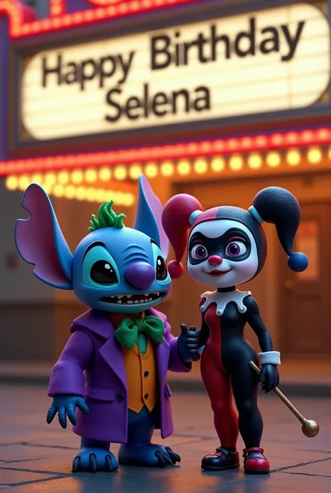 Stitch en 4D déguisé en joker version batman 1992 avec harley quinn à ses côtés avec une affiche de cinéma en arrière plan marqué "Happy birthday Séléna" 