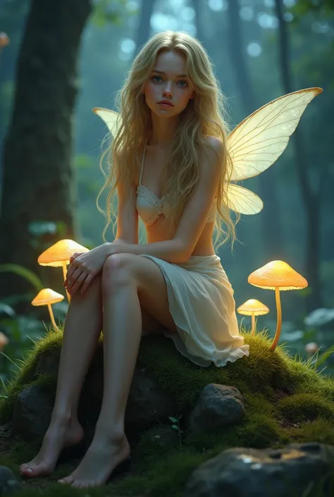 Night Fairy : The very pretty teenage fairy face realistic golden blonde hair, surrounded by luminescent mushrooms and floating lights ,  is sitting on a rock in a nighttime and mystical landscape.