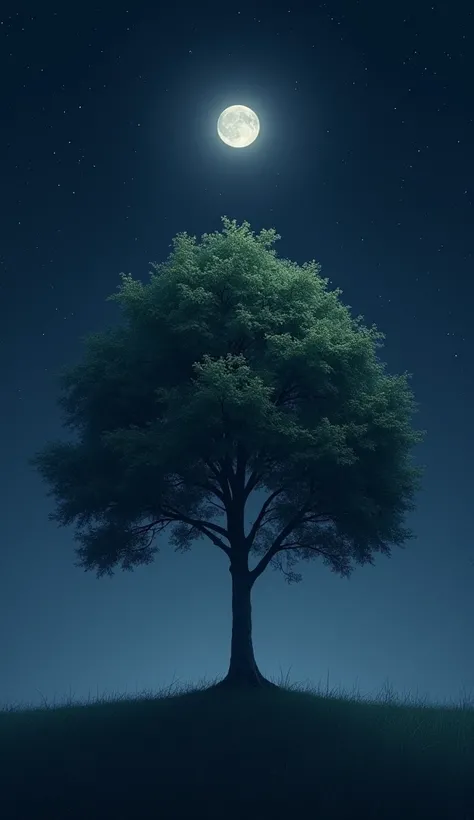 A tree with leaves was at night with a small but beautiful moon.  