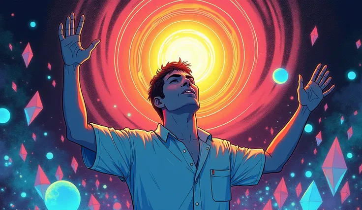 The image is a colorful illustration of an man, holding a light of power in his hand. Use dynamic and colorful d flowing patterns to enhance the mystical atmosphere, intricately designed, creating a sense of enchanting energy. Mind bending, dreamy, etherea...