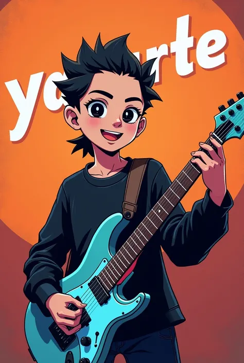 sign that says "Yanzarte "  guitar with electric blue in front of a happy young Latino adult nerd anime version with black clothes that looks straight ahead and has black lenses, Backward hairstyle and a classic orange 
