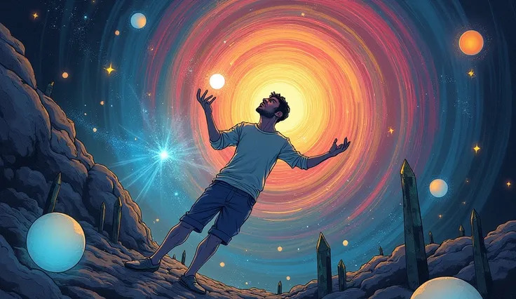 The image is a colorful illustration of an  man, holding a ball of light in his hand. Use dynamic colors and flowing patterns. Mind bending, dreamy, ethereal, fantastic, spiritual, power, strength Their background should be dark and ethereal, with swirling...