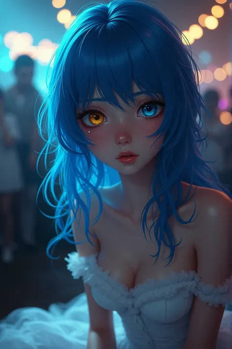 Draw a blue haired woman in a prom party, one eye yellow and the other blue, white dress, she is sitting and crying, prom party background