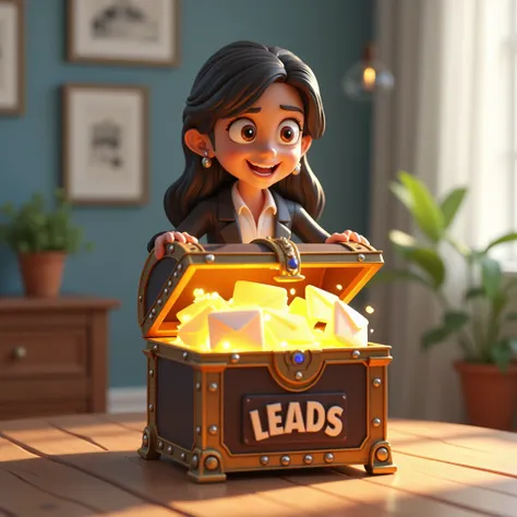 3d art style BUSINESS woman at home OPENING A treasure chests labeled “Leads” WITH EMAILS INSIDE THE TREASURE CHEST 