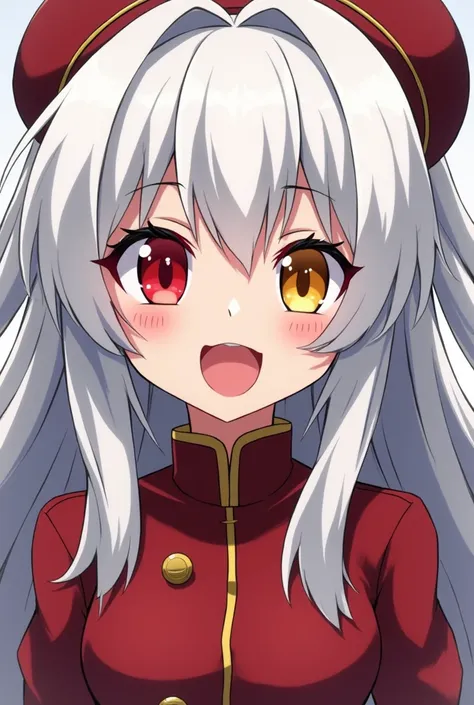 Background Pesillos de la U . A anime style MY ACADEMIC HERO wears the uniform of the U . With white hair  largo y desordenado one eye red and the other yellow expression open mouth serrated eyes happy