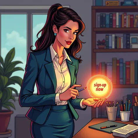 comic book art business woman at home with holding a glowing button labeled “Sign Up Now”