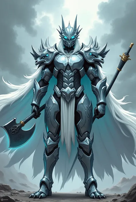  "Create a full-body manga-style character in a dynamic, heroic pose, facing directly forward. The character wears draconic silver armor with glowing cyan accents, featuring detailed dragon-scale patterns. The characters shoulder armor is designed as two f...