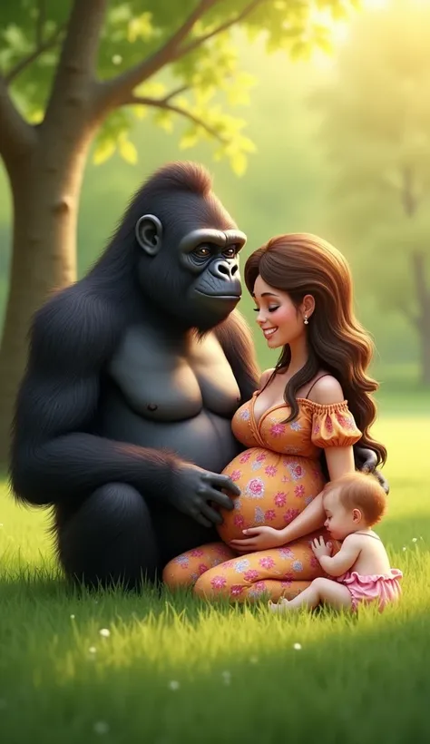 "Design a heartwarming outdoor family scene set in a lush green park during the daytime. The image features a gentle, anthropomorphic gorilla sitting close to a pregnant woman wearing a vibrant floral dress. The gorilla has a loving expression and rests on...