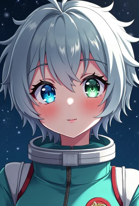  Close-up of an improved work Ñaestra :1.5)0.9], (Space and astronauts:1.2) ( Messy silver hair:1.1) (heterochromia:  xanthochromia and blue eyes :1.2) (Space helmet:1.0) ( Colored stars in the eyes:1.0) (A radiant glow:1.1) ( Thick lips:0.9)you, DE CABELL...