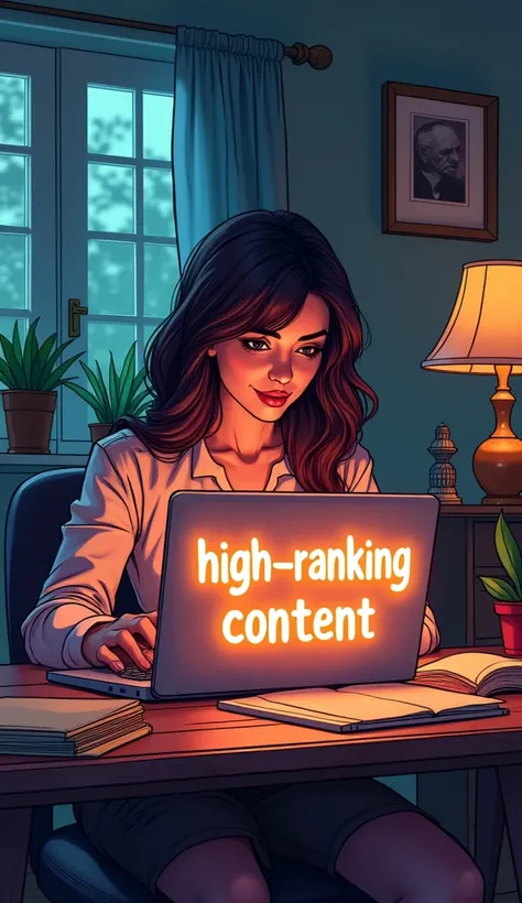 comic book art woman at home on laptop typing a blog post with glowing letters labeled “High Ranking Content”