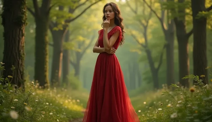 Picture of a kind woman asking herself a question. The woman must stand .  The image must be full body . The woman must be between 30 and 35 years old. Must have a long dress cut A , red in color. The background of the image of being a forest.