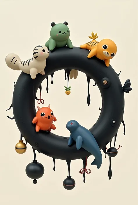 olulu, circle of life toy, japanese toy, ring shape, black colour, things can attach to this, many creatures, friendship ring, sticky, dangling, grow