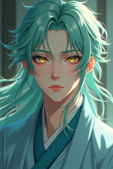  A 20-year-old man with dark-colored eyes mixed with yellow , long light mint green hair ,  old light blue Chinese clothing . ( anime style)