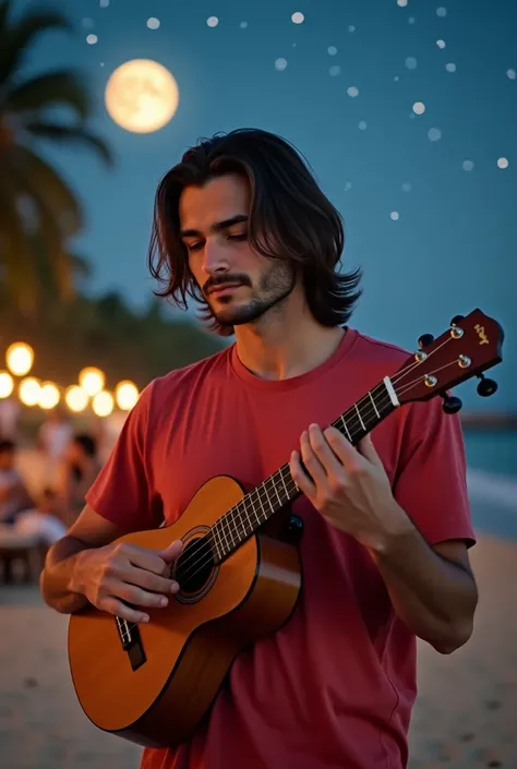 Create a picture of a 35-year-old man, shoulder-length hair, handsome and sharp face with a slight smile, wearing a cherry red T-shirt, standing on the beach playing a ukulele, face clearly visible, zoom in on the face, people sitting eating and drinking, ...