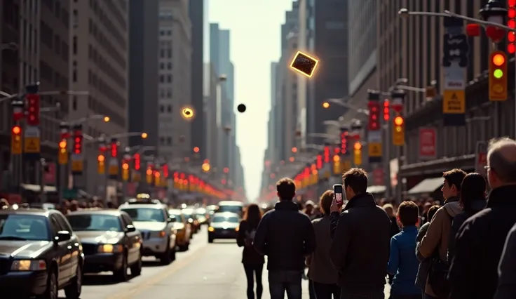 " A busy New York street , with cars and pedestrians ,  all eyes looking up ,  people showing smartphones capturing the event ,  unidentified flying objects of different shapes (triangular, spherical)  moving quickly and leaving light trails ."