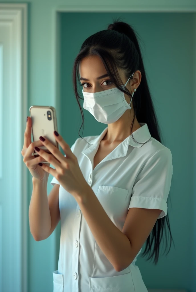  Pretty young girl with long black hair tied in a ponytail, dark eyes, Andalusian features , dressed in a white short sleeve hospital wardens uniform with mask,  mask taking a full-body selfie in the bathroom with her cell phone, Selfie in the mirror, sens...