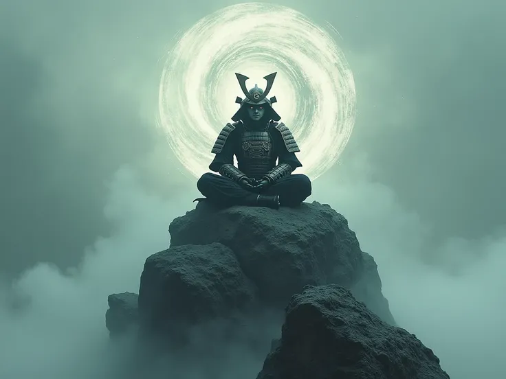 Create a samurai with spiral eyes sitting on a Solo rock