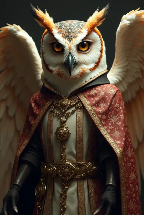 A sacred angel anthropomorphic barn owl using clerical medieval clothes with a snob superiority psycho reaction