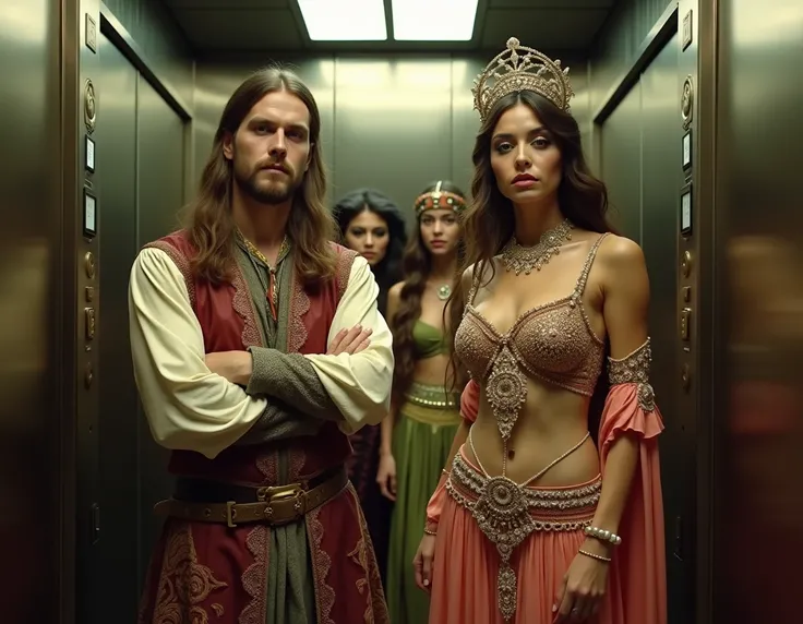 there are two people dressed in costumes standing next to each other, tom bagshaw and sabbas apterus, still from a music video, she is dressed as a belly dancer, group of people in an elevator, 7 0 s visuals, fantastic details full faces, still frame from ...