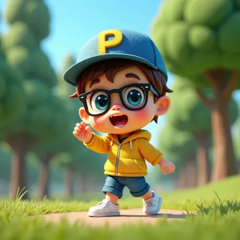 Create a 3D cartoon, Art Toy, Chibi style, Long view, a Cute boy with chocolate brown hair wearing a blue denim baseball cap with the word "P" embroidered in yellow color on the cap. He has large blue-green eyes, wears black square glasses and is wearing a...