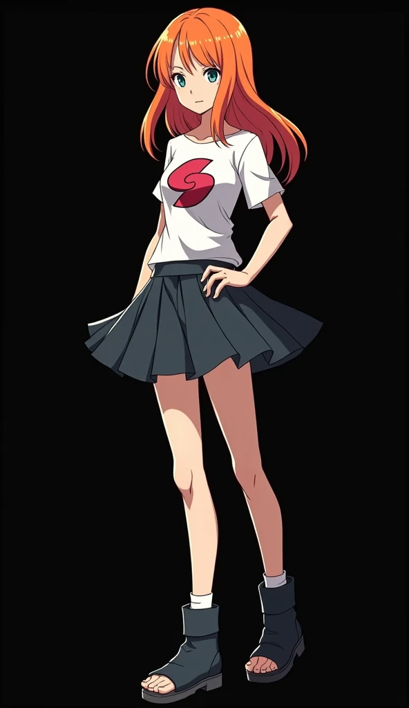 Anime style image inspired by Naruto ,  girl with a slender and beautiful full body fair skin with red fiery orange hair and very smooth with two white locks highlighted on the front, similar to those of Rogue from the X-Men, light blue-green eyes without ...