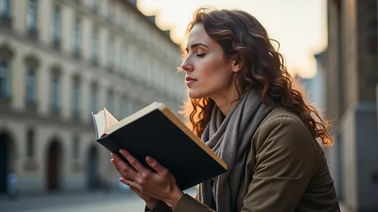 Imagine a person holding a Bible in their hand, sitting or standing, with a focused and reflective look. They may be in an urban setting, with buildings in the background, but with an expression of prayer or meditation, symbolizing the search for spiritual...