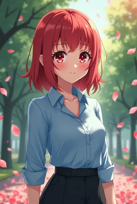 Anime girl with red hair blue blouse with black wine pants place a park where roses are falling