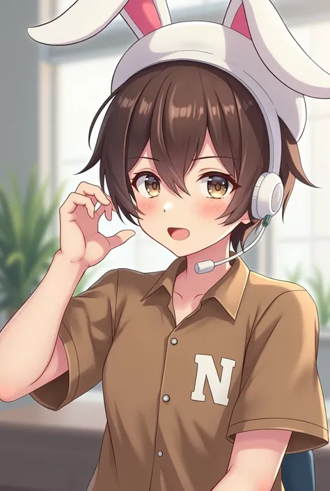 Male anime with brown hair and with a brown student blouse with the letter N on the blouse and with a white rabbit hat and with a white headset