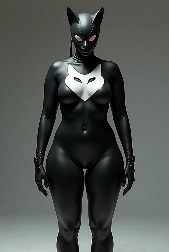  a full-bodied woman,  wearing black wetsuit , and black leggings,  with cat face mask , and black gloves and boots ,  and a white silk screen with a cats face above the chest 