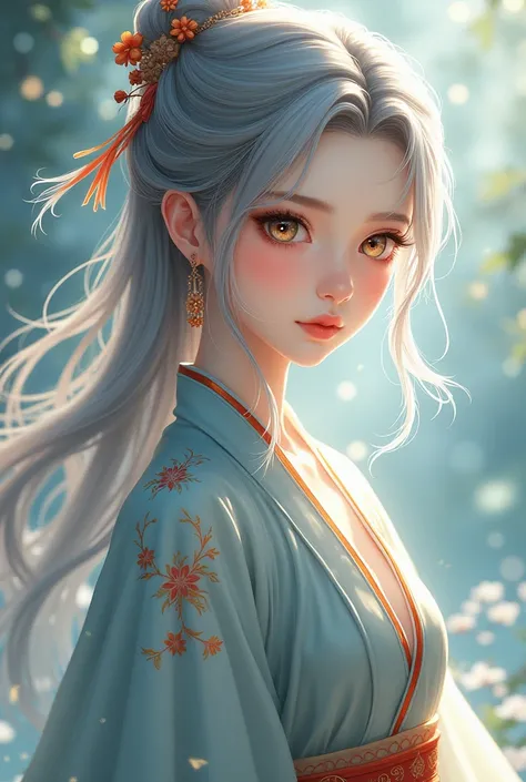 20-year-old woman with gray hair, honey-colored eyes with a touch of light blue, ancient Chinese clothing ( anime style)