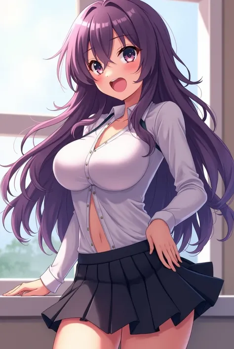 An anime girl, student,  with extremely large breasts, tight neckline,  big ass, purple wavy hair ,  provocative black eyes ,  her mouth open with her tongue out ,  her eyes looking up ,con ropa de student,  big thighs, drooling, you see her sideways , ski...